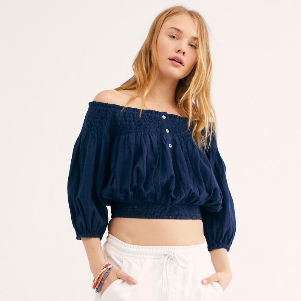 Free People Navy Dancing Til Dawn Off-the-Shoulder Top